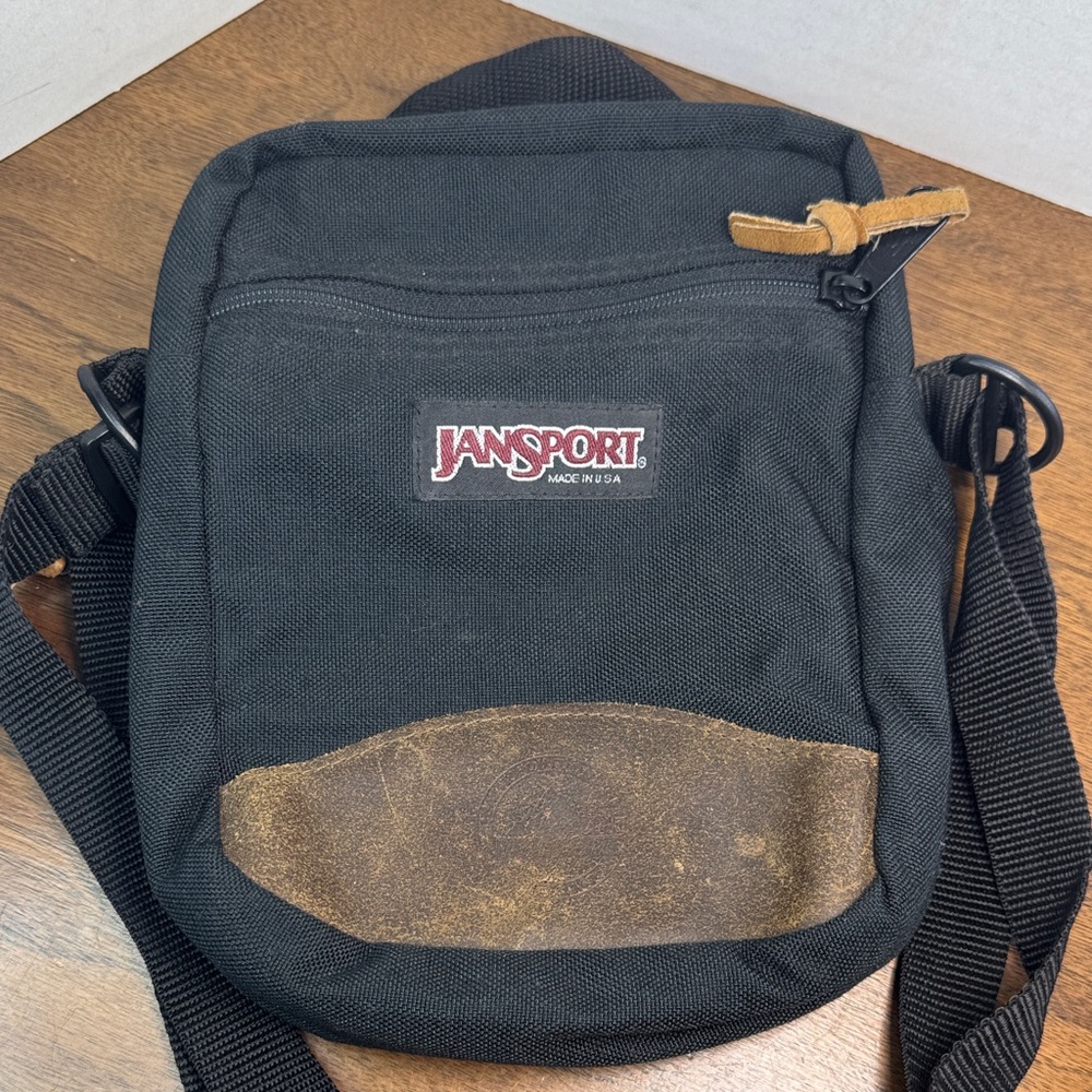 JanSport Y2K Vintage Black Nylon and Tan Leather Core Small Crossbody Bag Purse